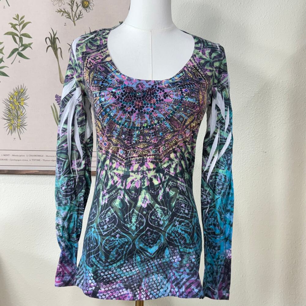 Vtg 90s Y2k Sequin Graphic Fitted Top Boho Hippie Fairy Grunge Coastal Cowgirl S